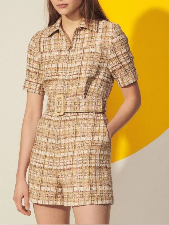 Sandro Pants - Sandro Multicolor Tweed Romper with Gold Hardware